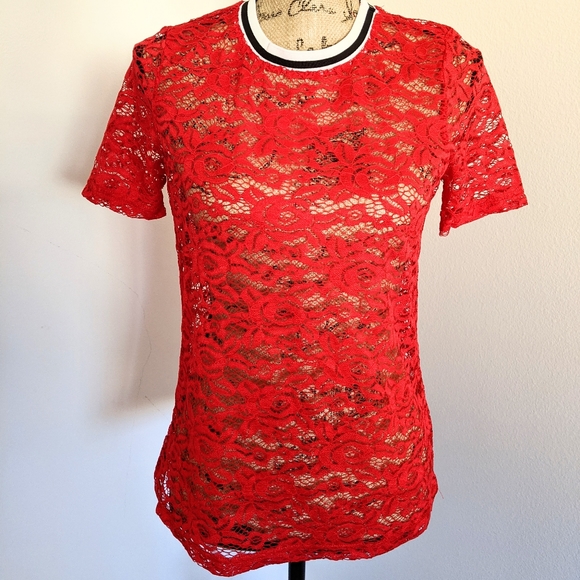 NWT Red Lace Blouse w/Striped Black & White Collar - Picture 3 of 8